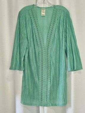 Catalina teal cream tunic style swim cover up crochet trim 1X beach pool lake
